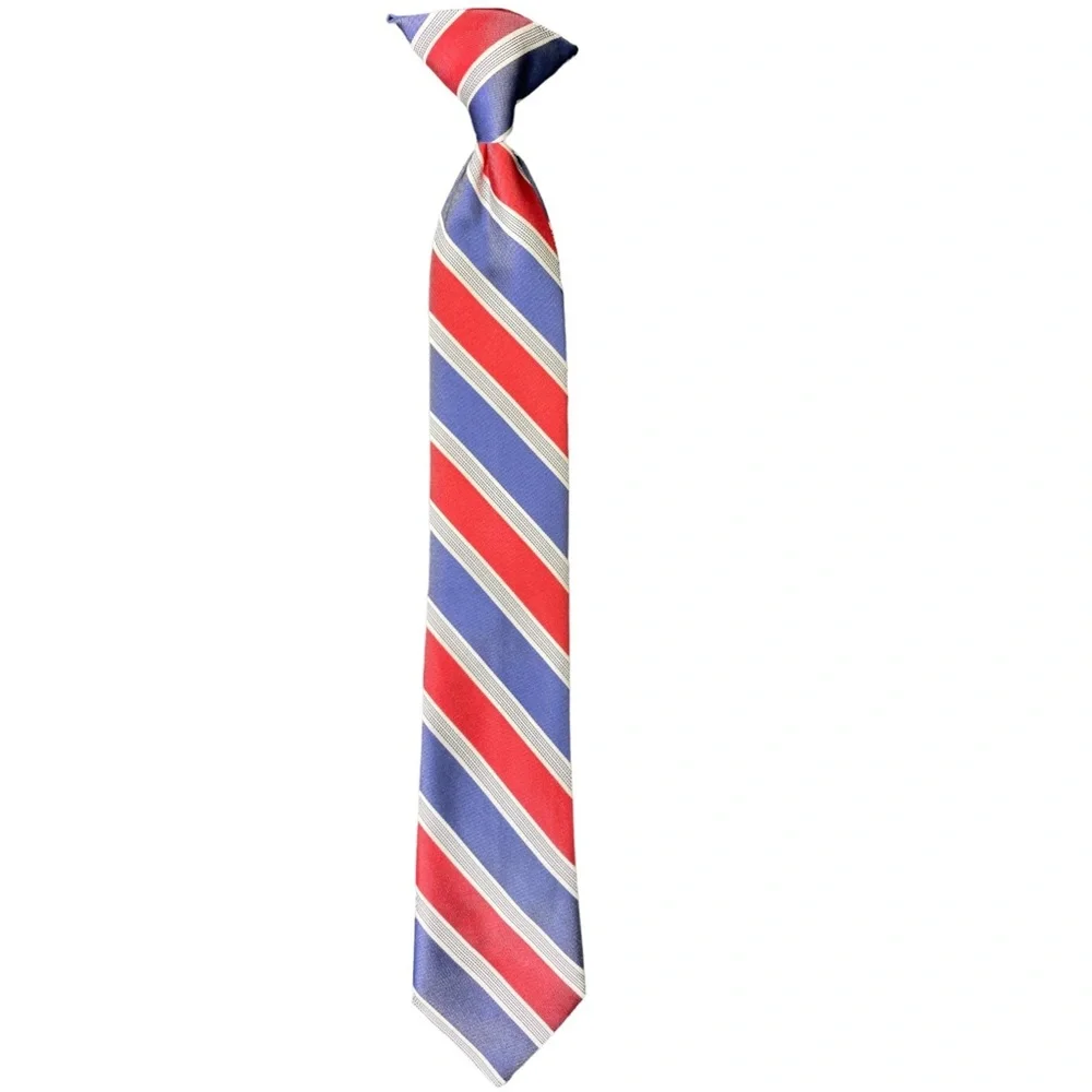 UNBRANDED Youth Clip on Neck Tie Diagonal Red Blue White Stripe Design Formal